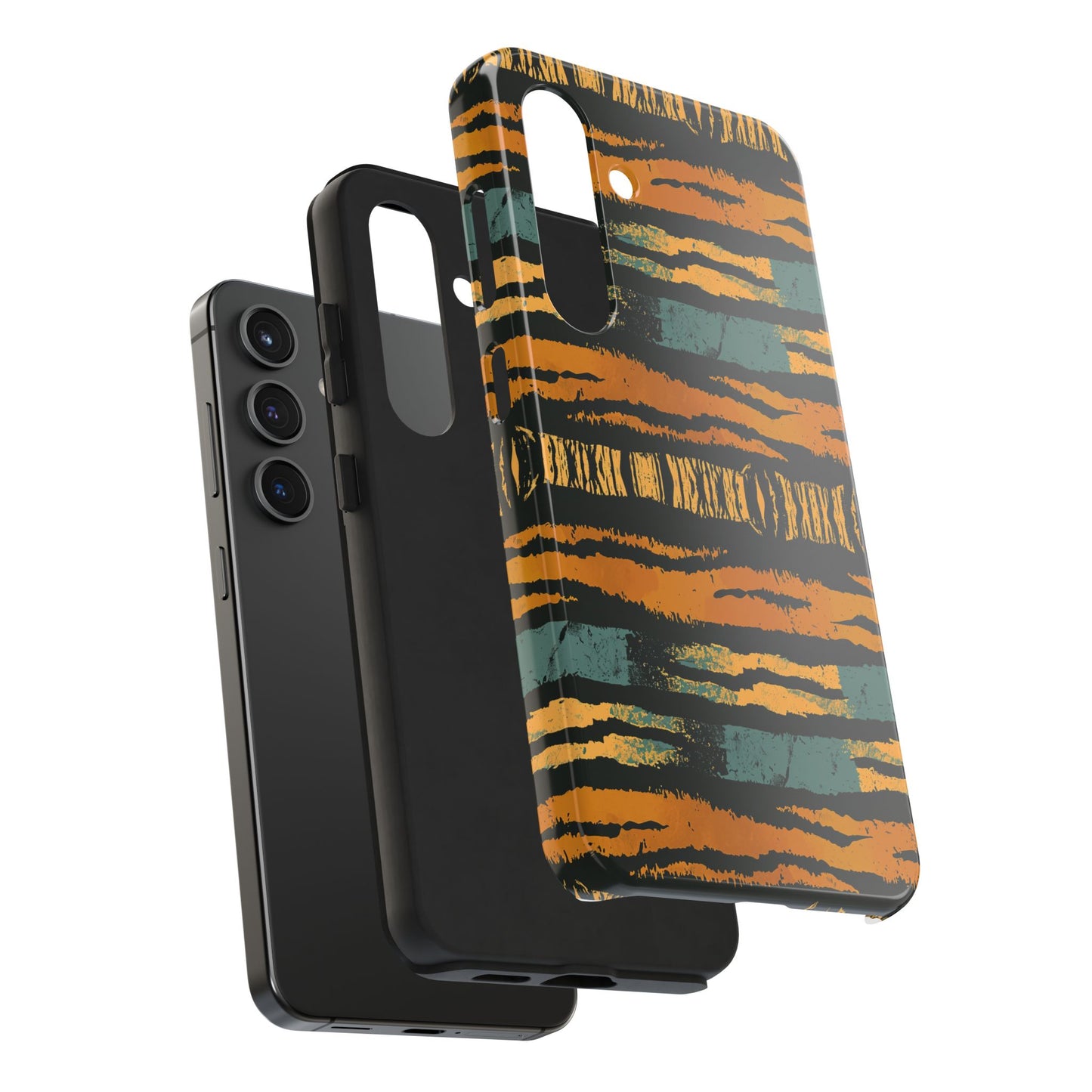Tiger Stripe Tough Phone Case — Rugged Protective iPhone Cover with Amber & Teal Brushstroke Pattern