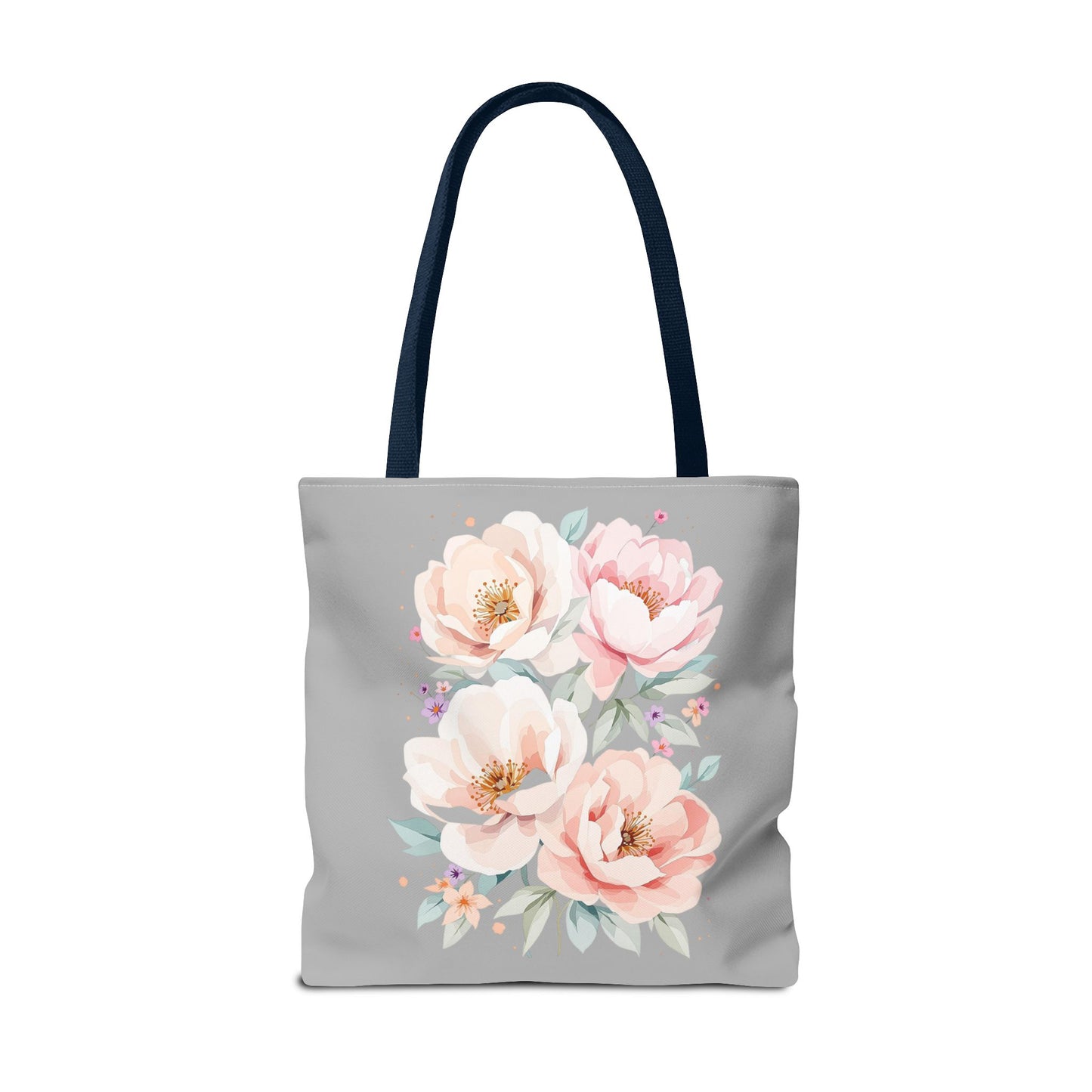 Floral Peony Tote Bag — Pink Watercolor Flowers on Grey