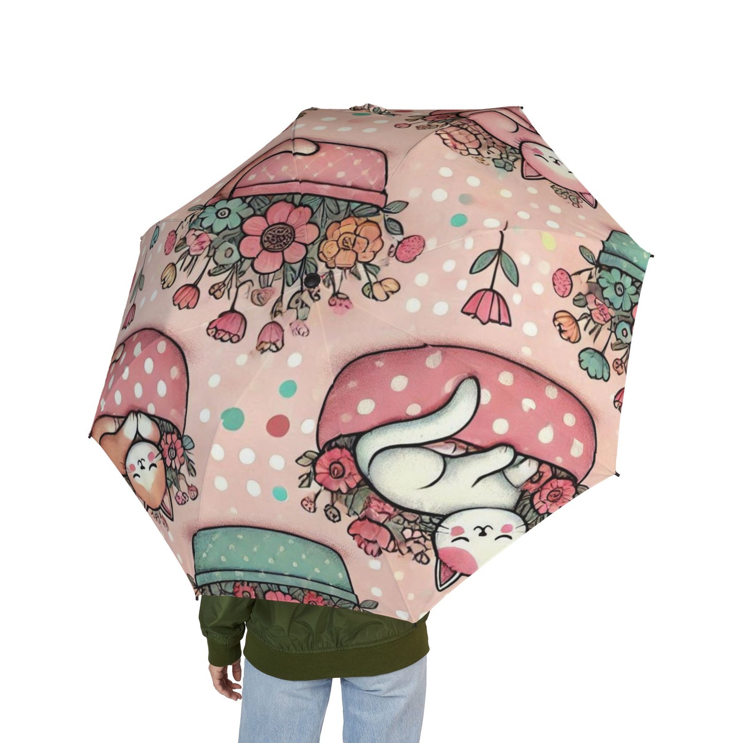 Cute Floral Mushroom Cat Foldable Umbrella – Pink Semi-Automatic Rain Parasol