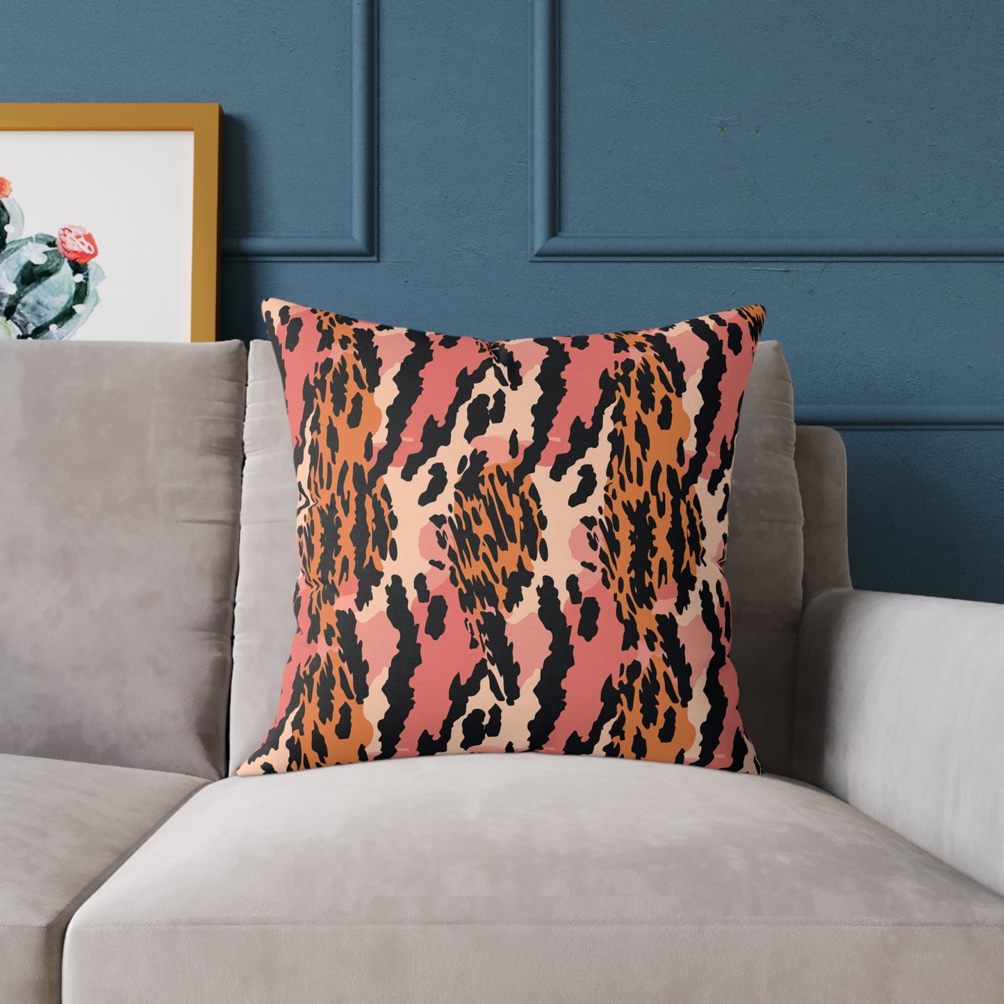 Leopard Print Square Pillow — Pink & Orange Animal Print Decorative Cushion