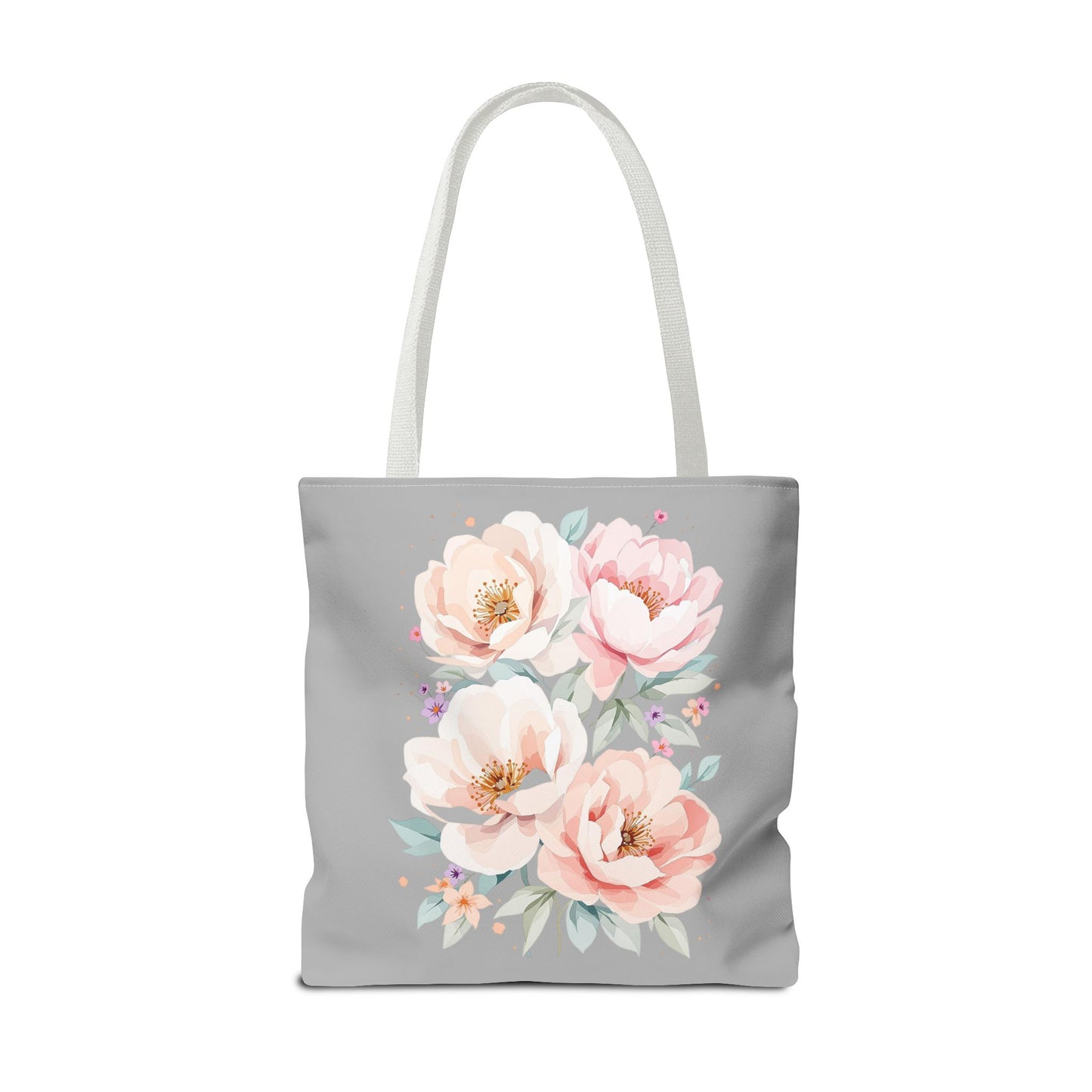 Floral Peony Tote Bag — Pink Watercolor Flowers on Grey