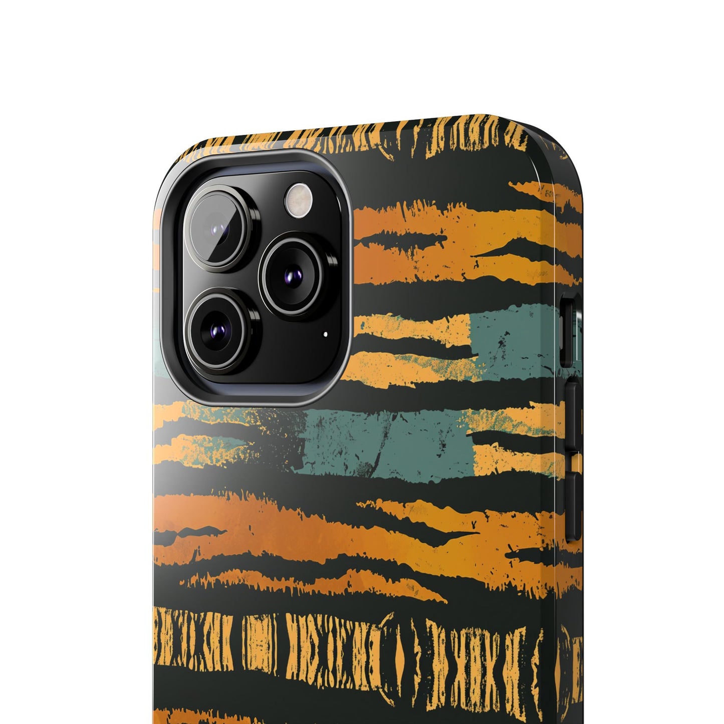 Tiger Stripe Tough Phone Case — Rugged Protective iPhone Cover with Amber & Teal Brushstroke Pattern