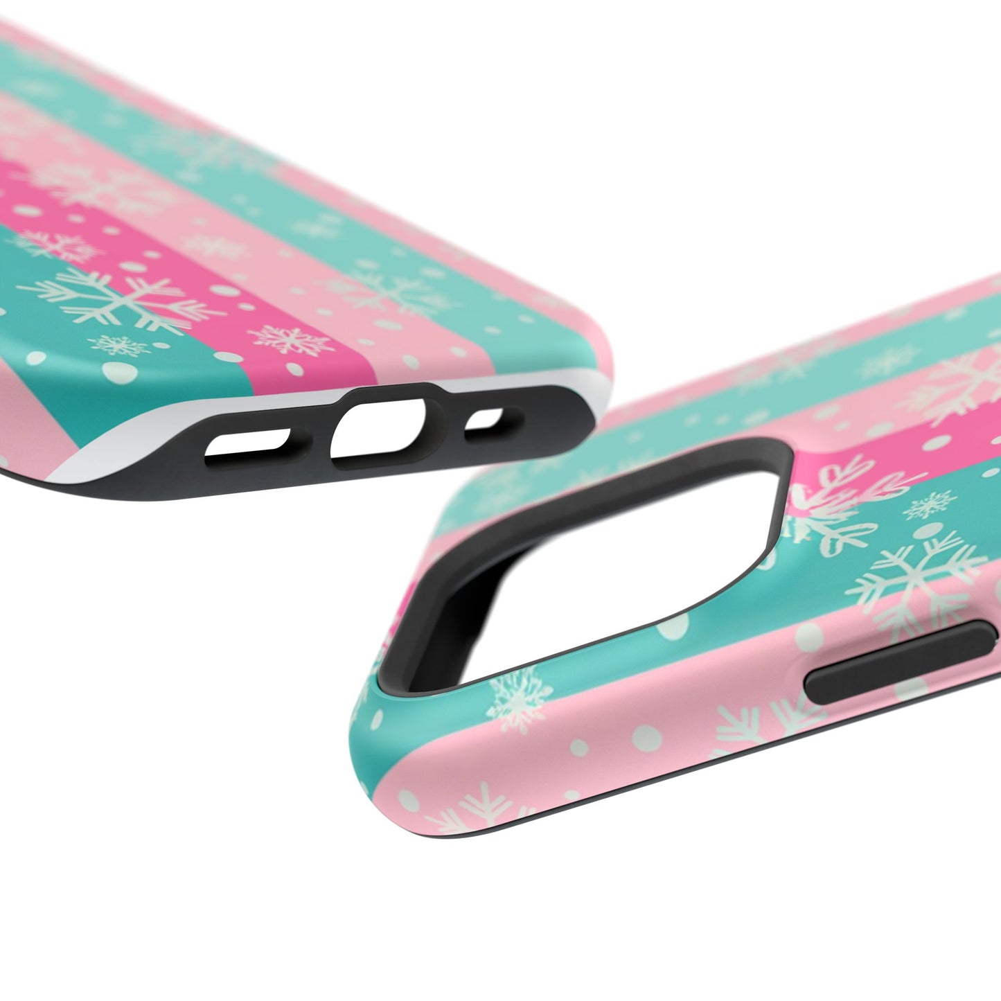 Snowflake Striped Magnetic Impact-Resistant Phone Case — Pink & Teal Winter Design
