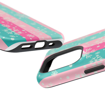 Snowflake Striped Magnetic Impact-Resistant Phone Case — Pink & Teal Winter Design