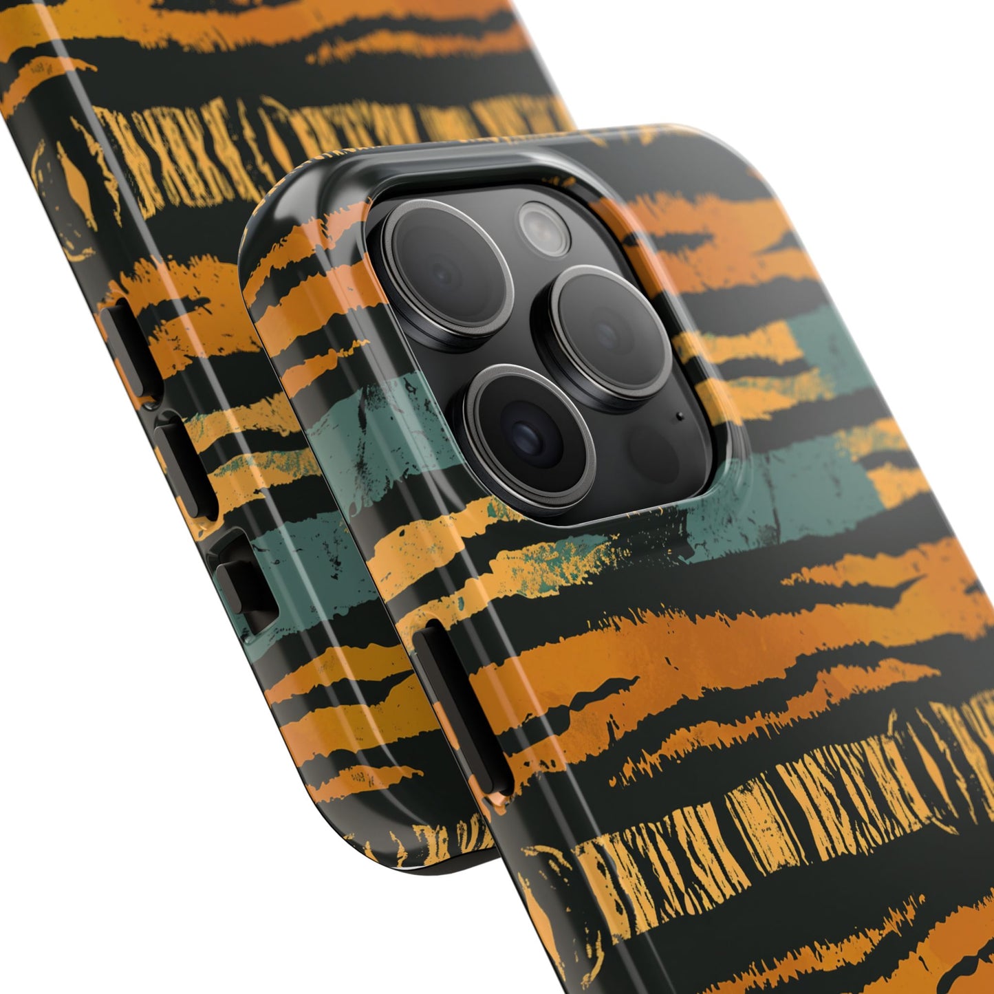 Tiger Stripe Tough Phone Case — Rugged Protective iPhone Cover with Amber & Teal Brushstroke Pattern