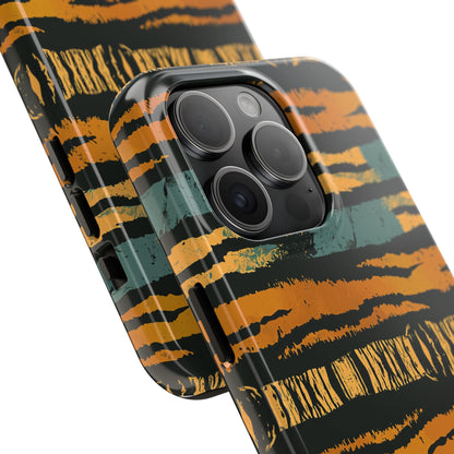 Tiger Stripe Tough Phone Case — Rugged Protective iPhone Cover with Amber & Teal Brushstroke Pattern