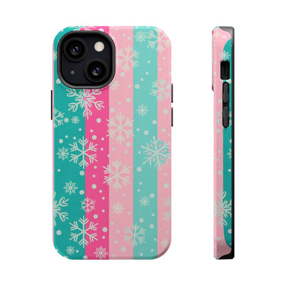 Snowflake Striped Magnetic Impact-Resistant Phone Case — Pink & Teal Winter Design