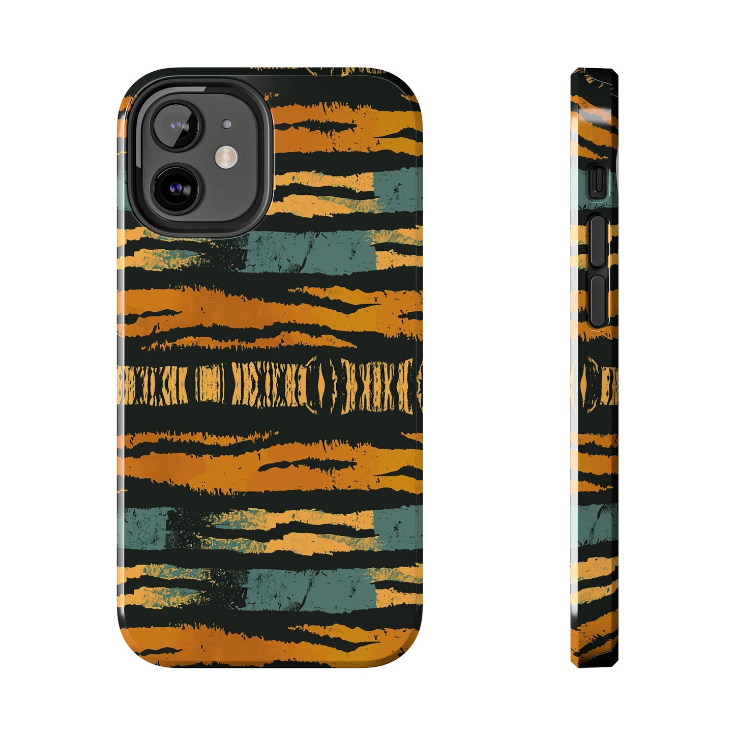 Tiger Stripe Tough Phone Case — Rugged Protective iPhone Cover with Amber & Teal Brushstroke Pattern