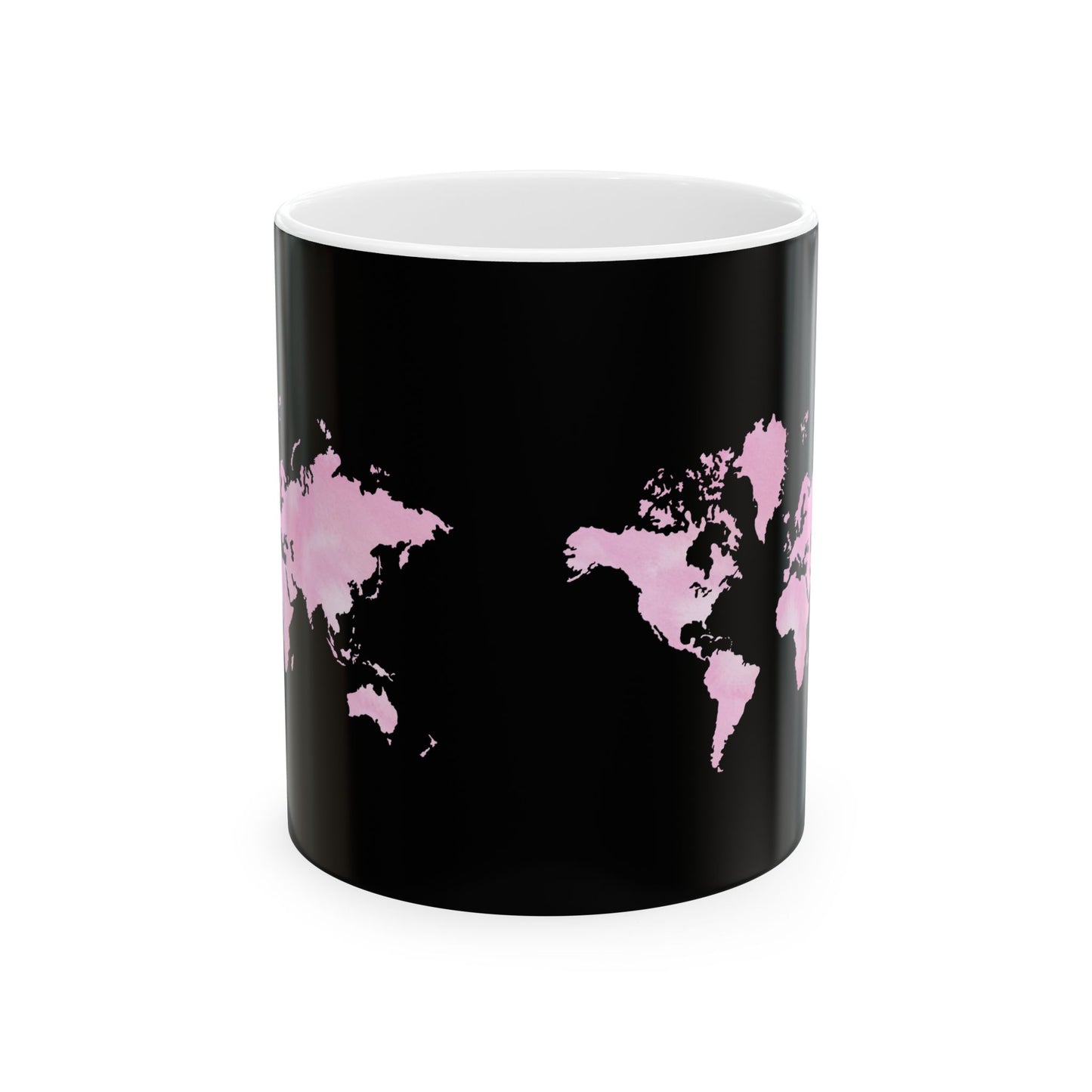 World Map Pink Splash Ceramic Mug — Black Travel Coffee Cup (11oz & 15oz)