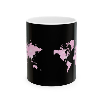 World Map Pink Splash Ceramic Mug — Black Travel Coffee Cup (11oz & 15oz)