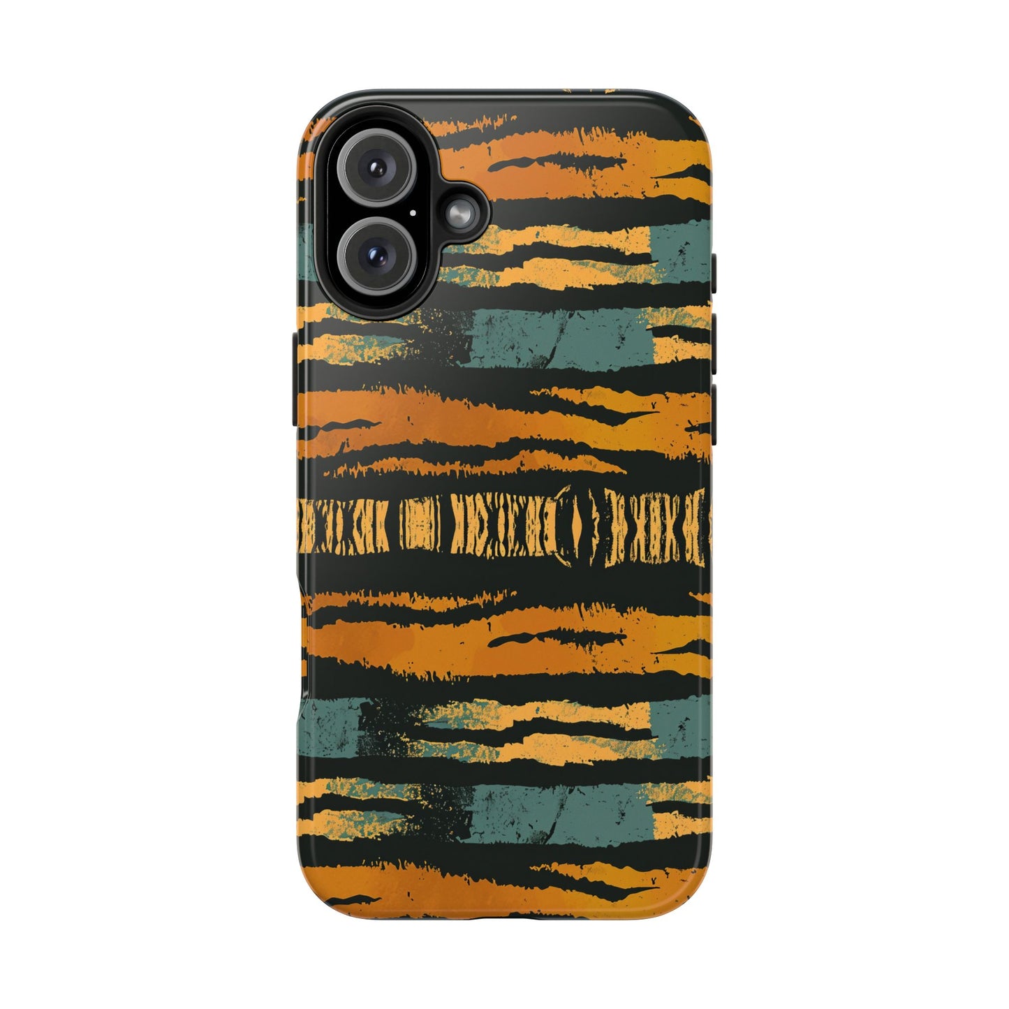 Tiger Stripe Tough Phone Case — Rugged Protective iPhone Cover with Amber & Teal Brushstroke Pattern