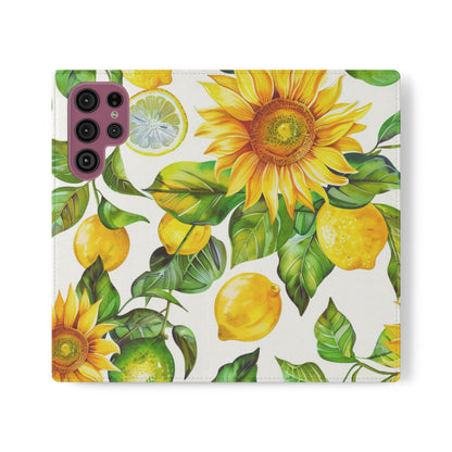Sunflower & Lemon Flip Phone Case – Floral Wallet Flip Case with Card Slots