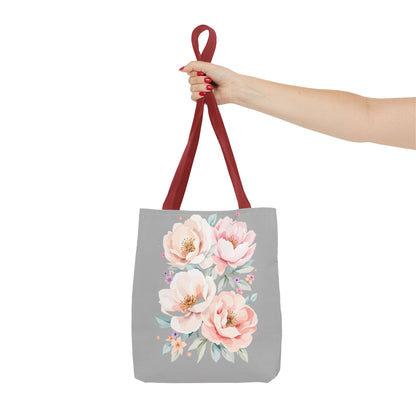 Floral Peony Tote Bag — Pink Watercolor Flowers on Grey