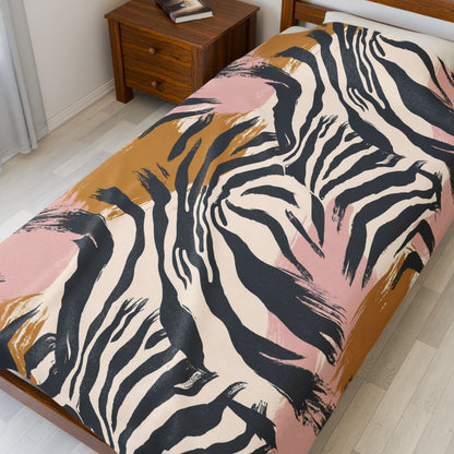 Velveteen Plush Blanket – Pink & Mustard Abstract Zebra Print Cozy Throw