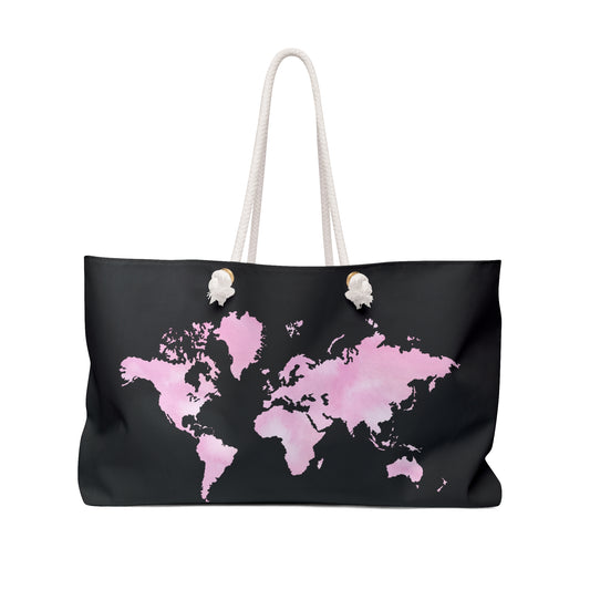 Pink Watercolor World Map Weekender Bag — Travel Tote