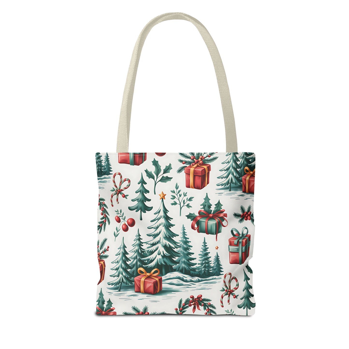 Festive Holiday Tote Bag with Christmas Trees and Gifts