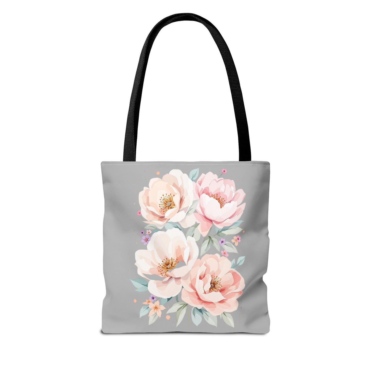 Floral Peony Tote Bag — Pink Watercolor Flowers on Grey
