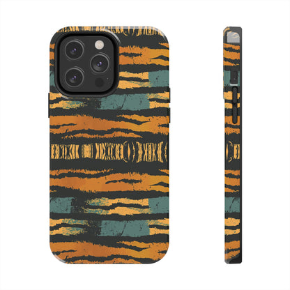 Tiger Stripe Tough Phone Case — Rugged Protective iPhone Cover with Amber & Teal Brushstroke Pattern
