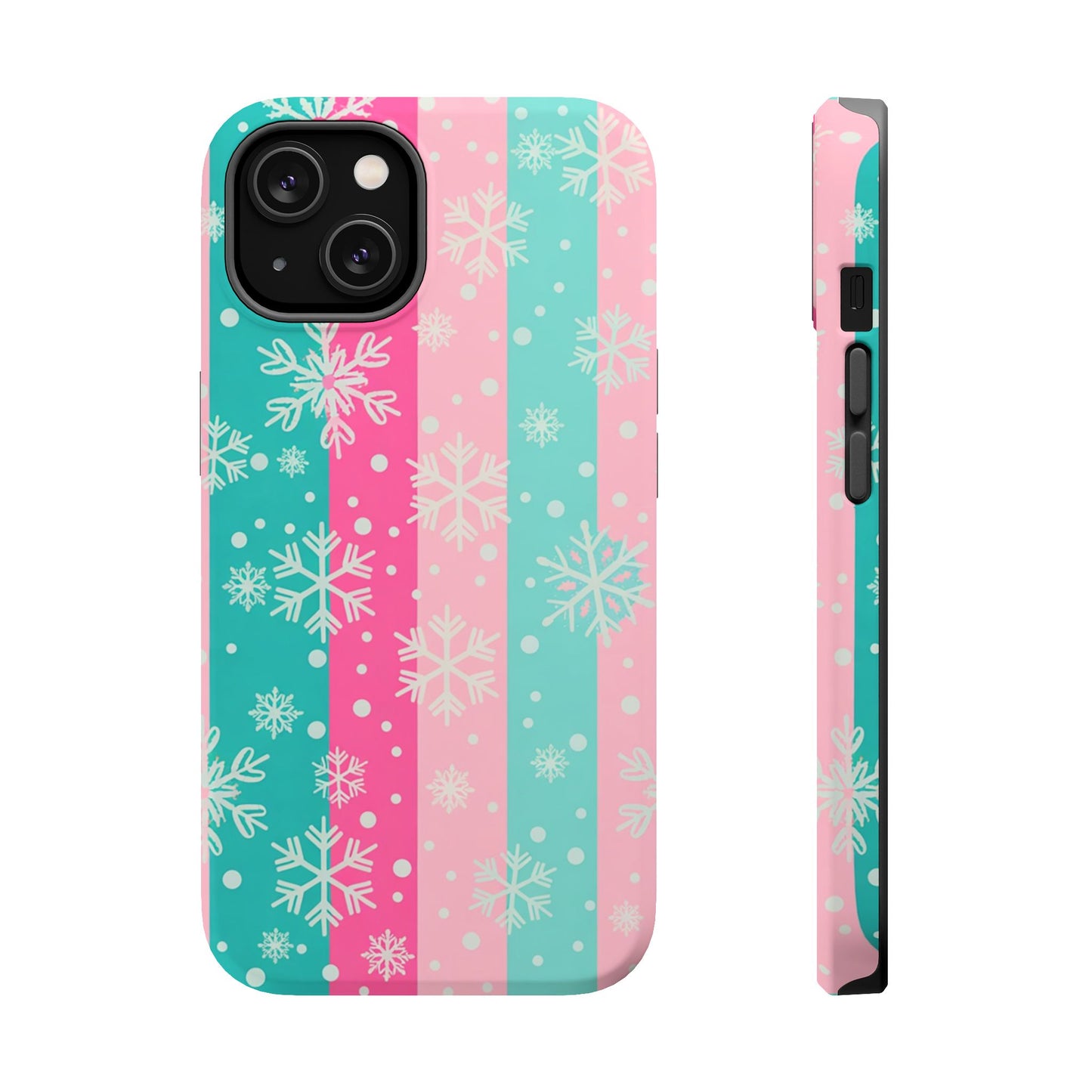 Snowflake Striped Magnetic Impact-Resistant Phone Case — Pink & Teal Winter Design