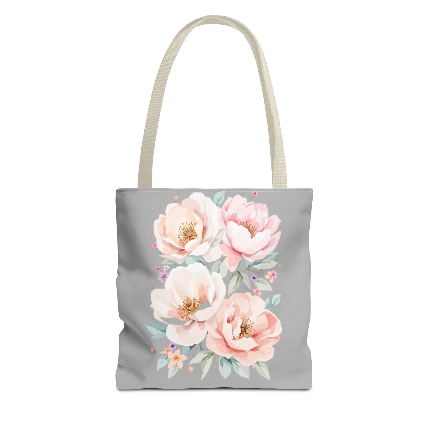 Floral Peony Tote Bag — Pink Watercolor Flowers on Grey