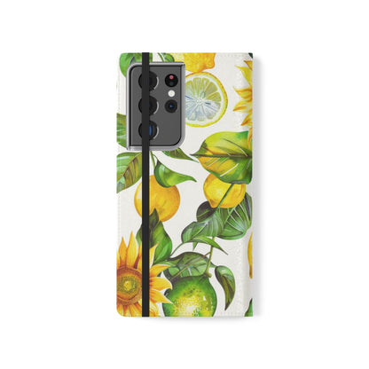 Sunflower & Lemon Flip Phone Case – Floral Wallet Flip Case with Card Slots