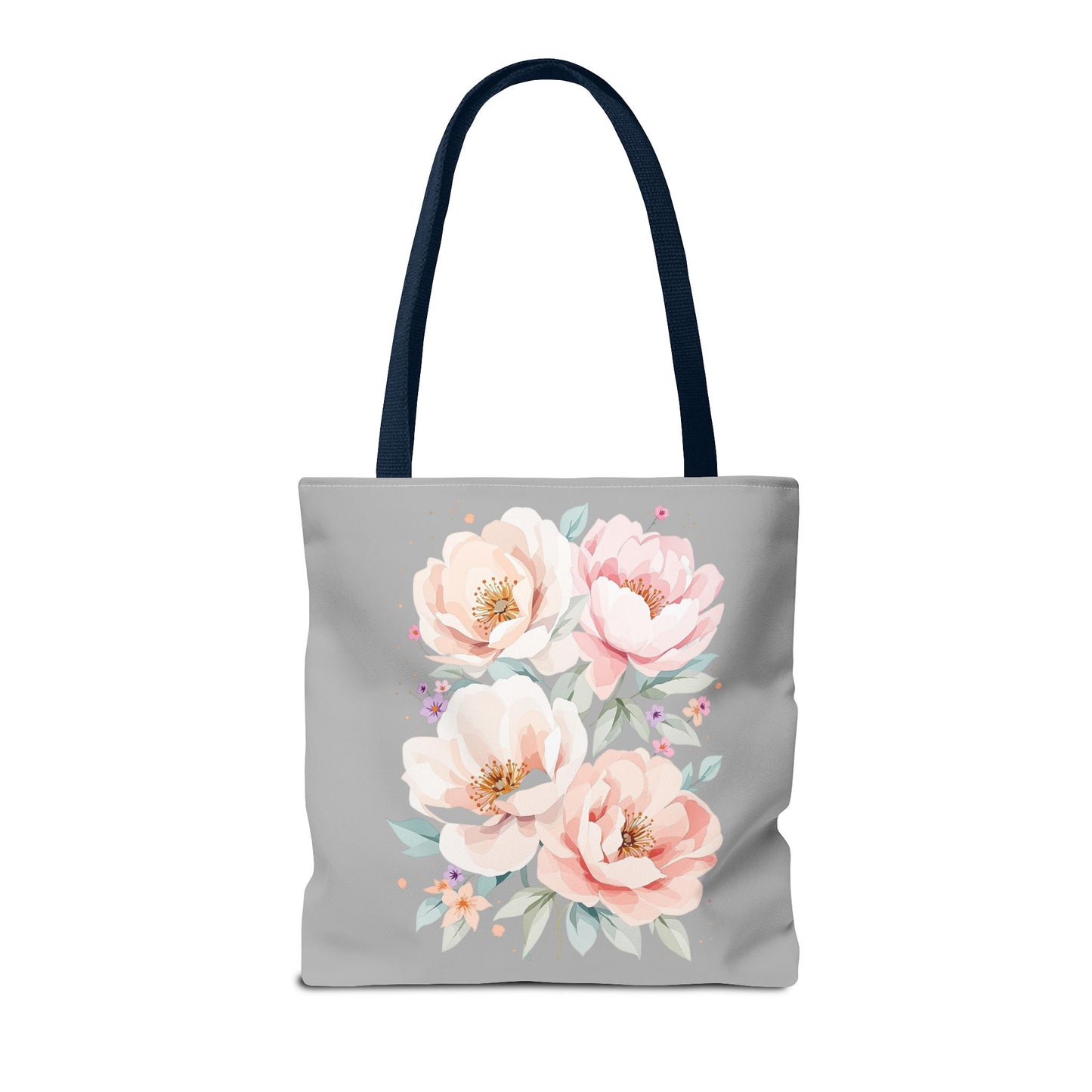 Floral Peony Tote Bag — Pink Watercolor Flowers on Grey