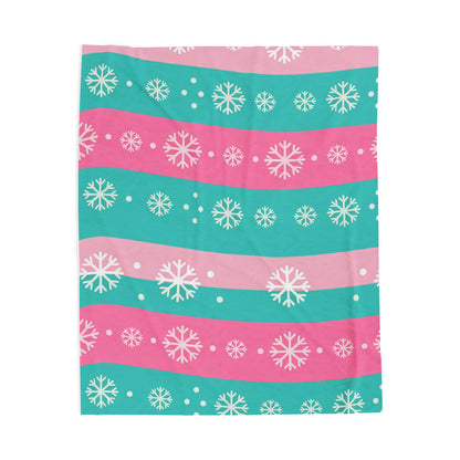 Snowflake Stripe Plush Blanket — Teal & Pink Velveteen Throw