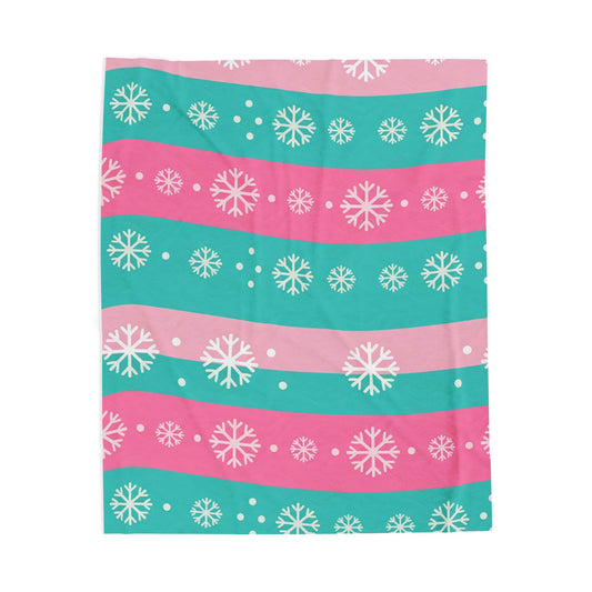 Snowflake Stripe Plush Blanket — Teal & Pink Velveteen Throw