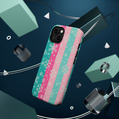 Snowflake Striped Magnetic Impact-Resistant Phone Case — Pink & Teal Winter Design
