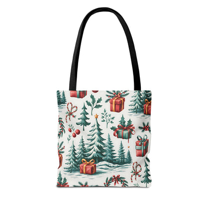 Festive Holiday Tote Bag with Christmas Trees and Gifts