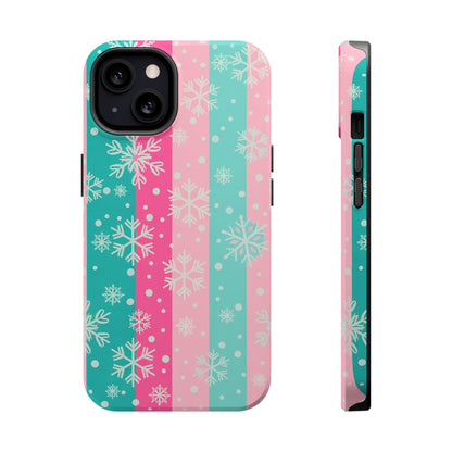 Snowflake Striped Magnetic Impact-Resistant Phone Case — Pink & Teal Winter Design