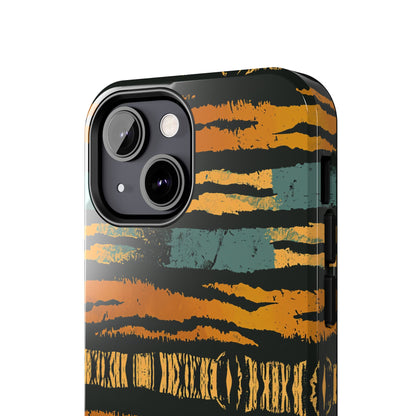 Tiger Stripe Tough Phone Case — Rugged Protective iPhone Cover with Amber & Teal Brushstroke Pattern