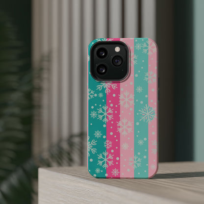 Snowflake Striped Magnetic Impact-Resistant Phone Case — Pink & Teal Winter Design