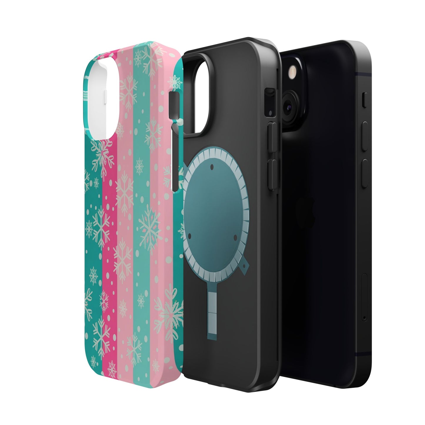 Snowflake Striped Magnetic Impact-Resistant Phone Case — Pink & Teal Winter Design