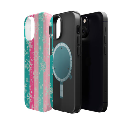 Snowflake Striped Magnetic Impact-Resistant Phone Case — Pink & Teal Winter Design