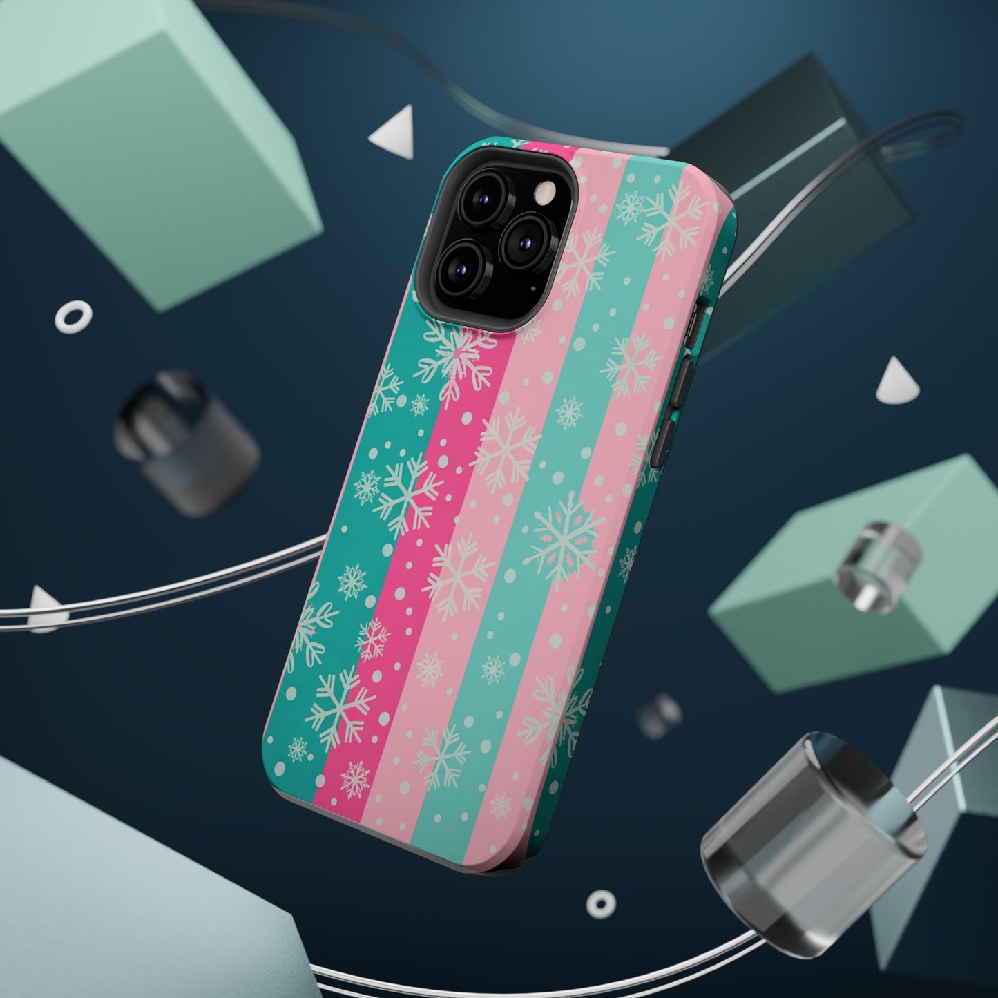 Snowflake Striped Magnetic Impact-Resistant Phone Case — Pink & Teal Winter Design