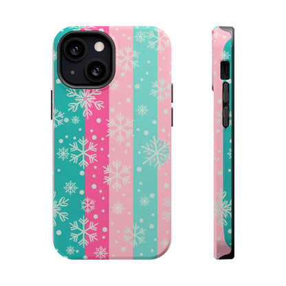 Snowflake Striped Magnetic Impact-Resistant Phone Case — Pink & Teal Winter Design