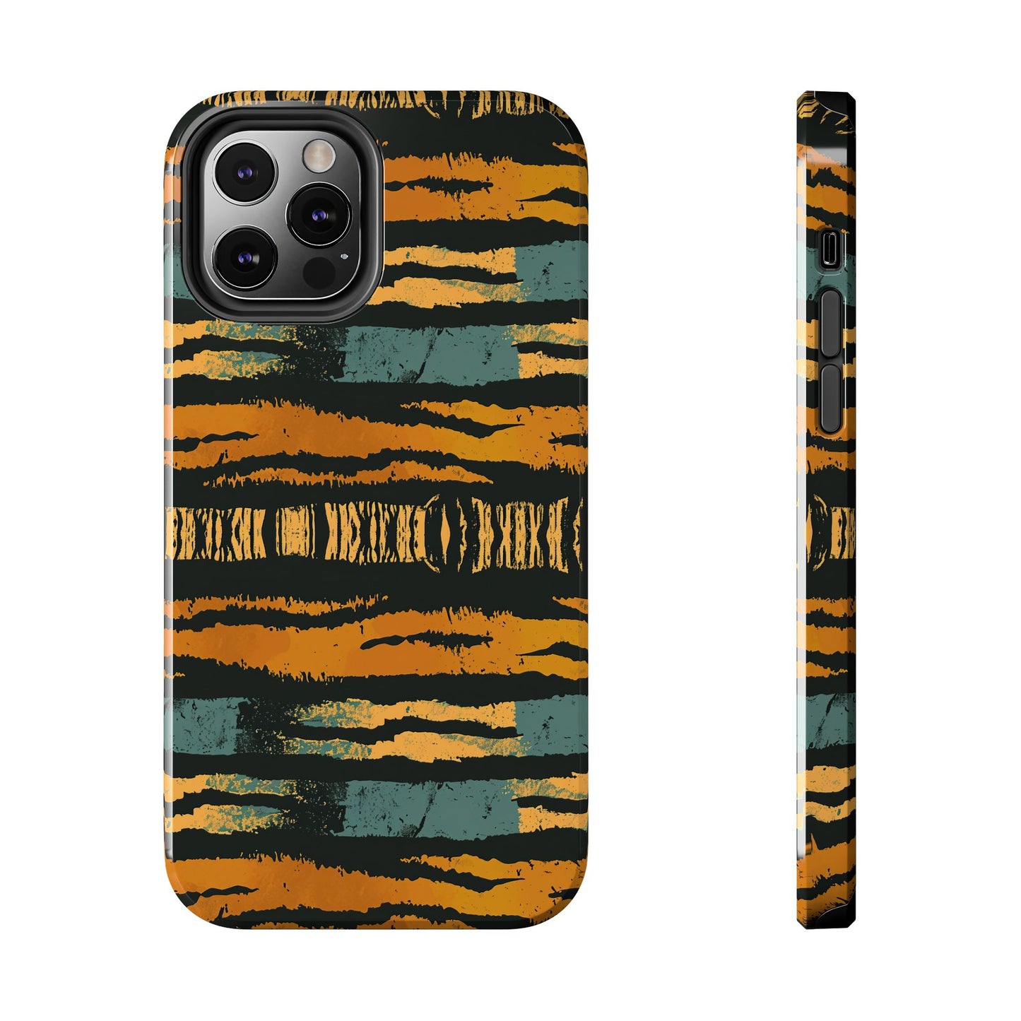 Tiger Stripe Tough Phone Case — Rugged Protective iPhone Cover with Amber & Teal Brushstroke Pattern