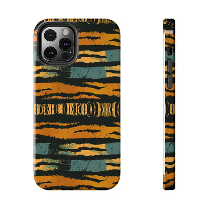 Tiger Stripe Tough Phone Case — Rugged Protective iPhone Cover with Amber & Teal Brushstroke Pattern