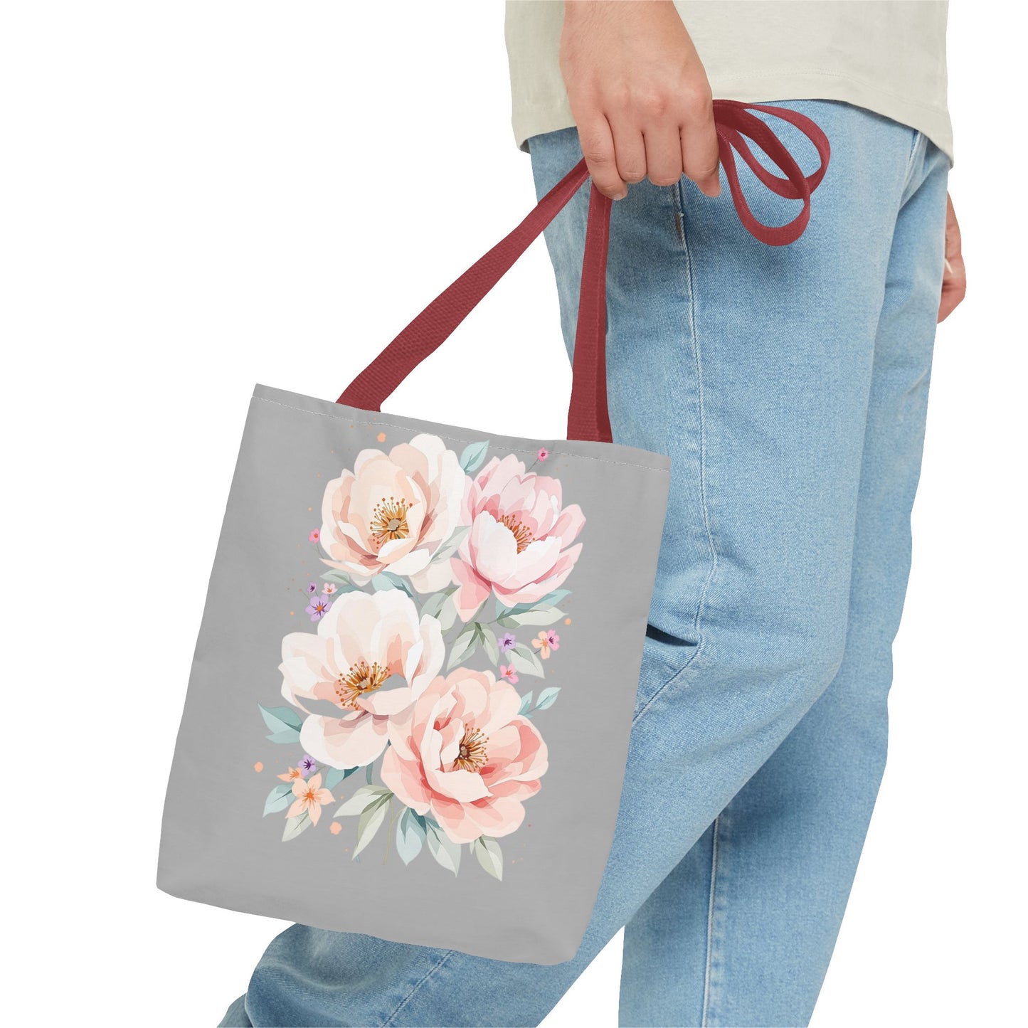Floral Peony Tote Bag — Pink Watercolor Flowers on Grey