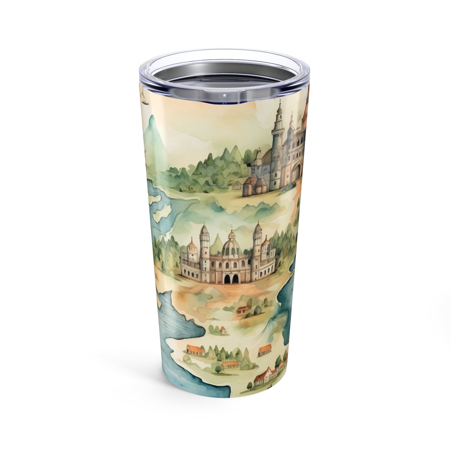 20oz Travel Tumbler — Vintage Fantasy Map with Castles & Sailing Ships
