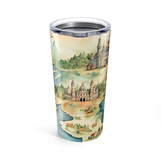 20oz Travel Tumbler — Vintage Fantasy Map with Castles & Sailing Ships