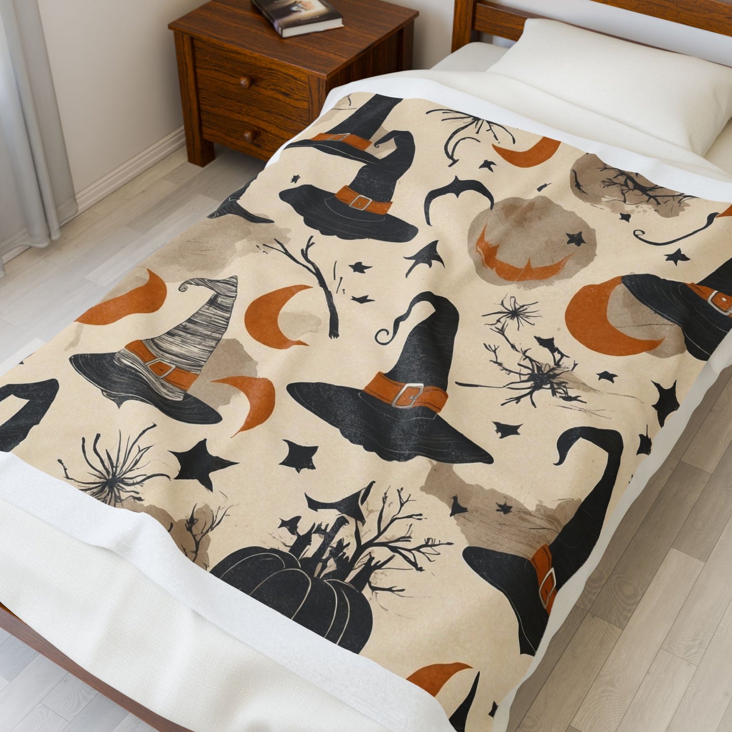 Spooky Halloween Velveteen Plush Blanket, Cozy Throw for Fall, Witchy Decor, Chilly Nights, Halloween Party, Gift for Witch Lovers