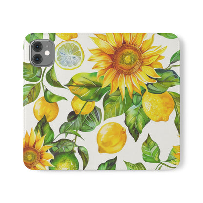 Sunflower & Lemon Flip Phone Case – Floral Wallet Flip Case with Card Slots