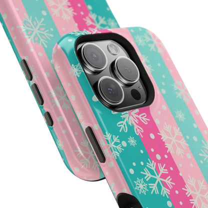 Snowflake Striped Magnetic Impact-Resistant Phone Case — Pink & Teal Winter Design
