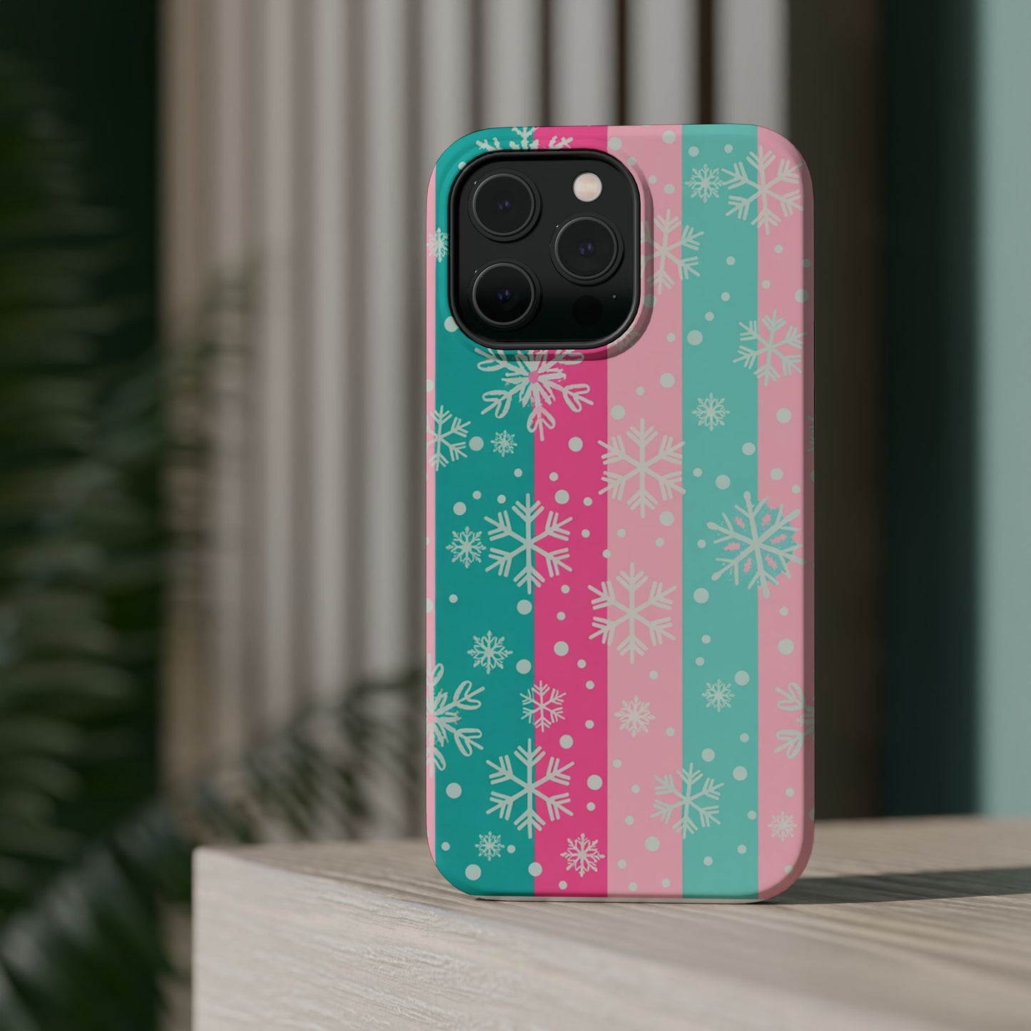 Snowflake Striped Magnetic Impact-Resistant Phone Case — Pink & Teal Winter Design
