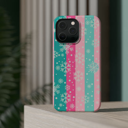 Snowflake Striped Magnetic Impact-Resistant Phone Case — Pink & Teal Winter Design