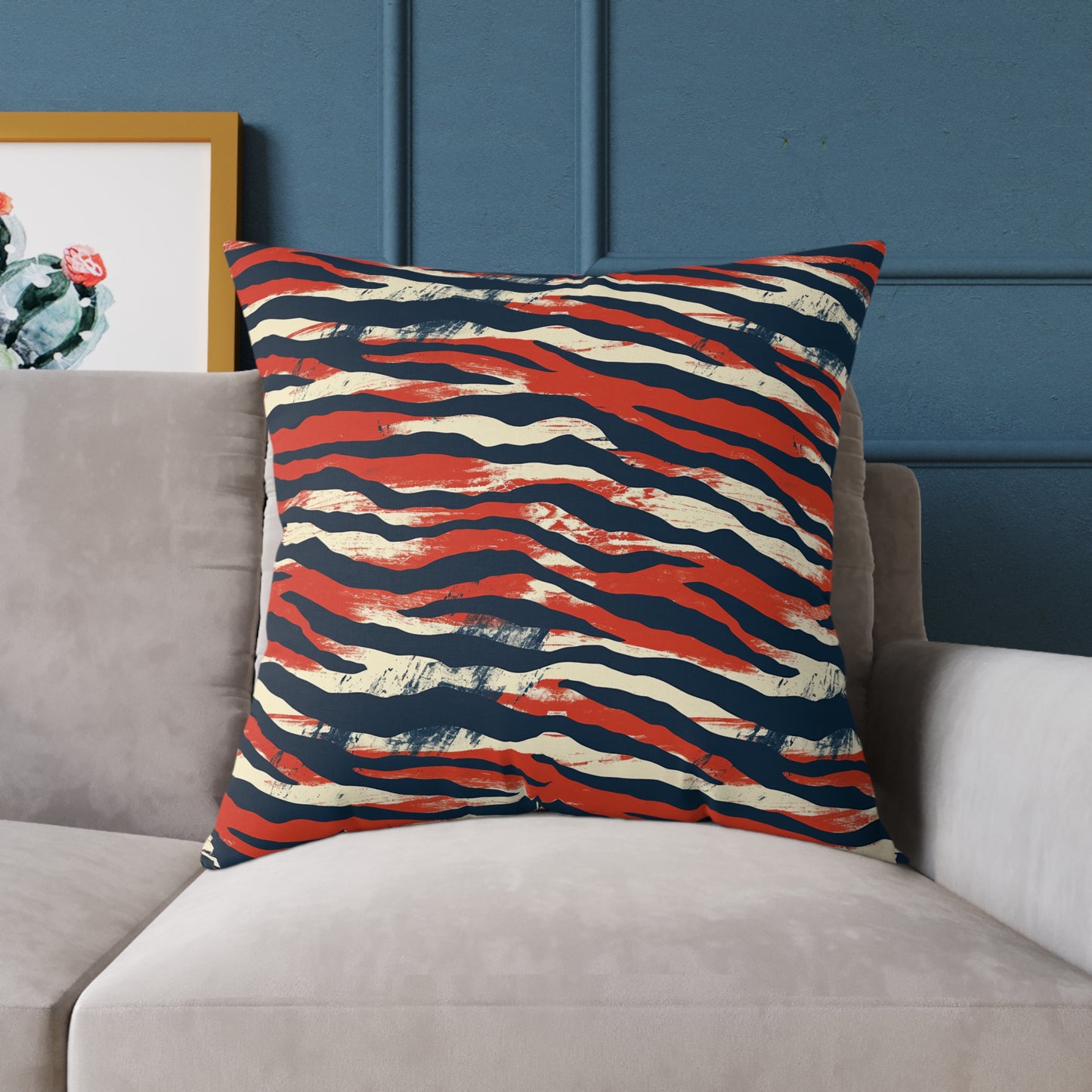 Red Navy Tiger Stripe Square Pillow - Bold Animal Print Decorative Cushion