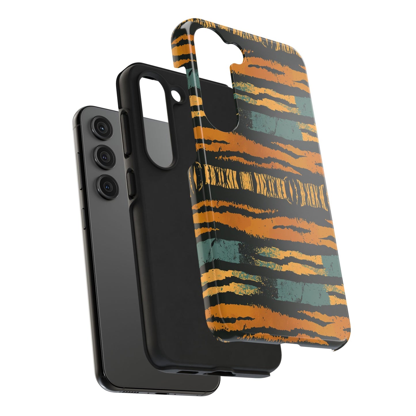 Tiger Stripe Tough Phone Case — Rugged Protective iPhone Cover with Amber & Teal Brushstroke Pattern