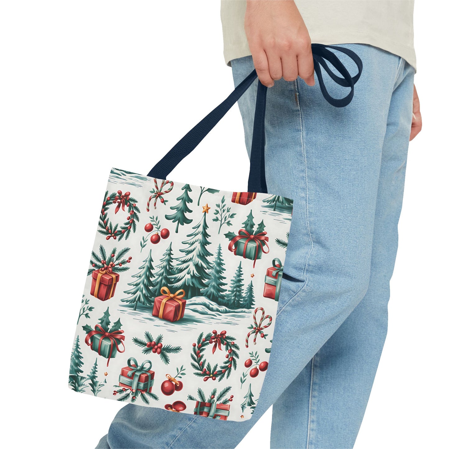Festive Holiday Tote Bag with Christmas Trees and Gifts